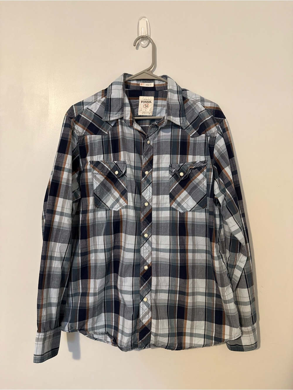 Fossil Plaid Button-Down Shirt in Blue, Brown and White